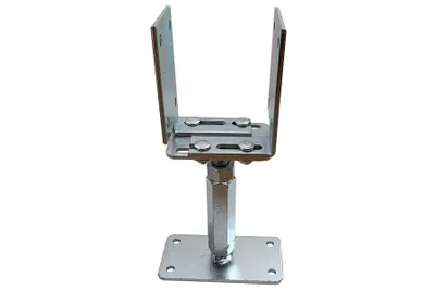 A metal adjustable post support bracket on a white background.
