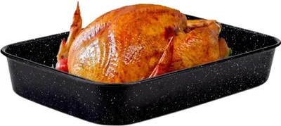 A roasted turkey in a baking pan.