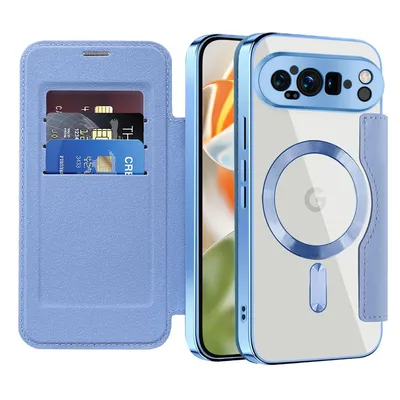 Produktbild von Klapphülle für Google Pixel 10 Pro Kompatibel mit Magsafe, Klar Überzug Kartenhalter Ledertasche mit Kameraschutz Hellblau