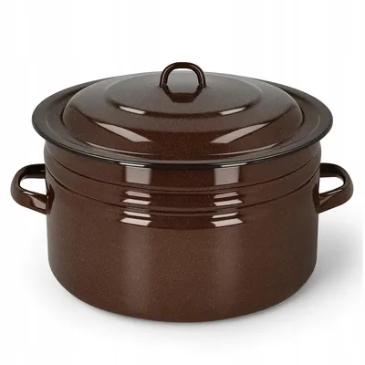 A brown enamel pot with a lid and handles, shown on a white background.