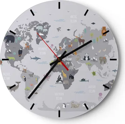 Produktbild von Wanduhr - Rund - Glasuhr - Karte die Welt Kontinente - 40x40cm - Schleichendes Uhrwerk - Lautlos - zum Aufhängen bereit - Dekoration Modern - Wanddekoration aus Glas - C3AR40x40-5033