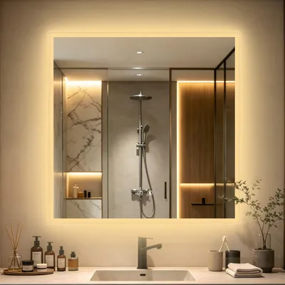 Obrázek produktu pro WISFOR, LED zrcadlo do koupelny, 90x90 cm, zrcadlo s osvětlením, s dotykovým ovládáním, proti zamlžování, 3 barvy světla, ochrana IP66, úsporné