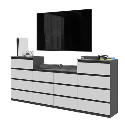 Zdjęcie produktu dla Komoda 220 Cm Antracyt / Biały Mat 14 Szuflad, Zestaw Trzech Komód, Salon