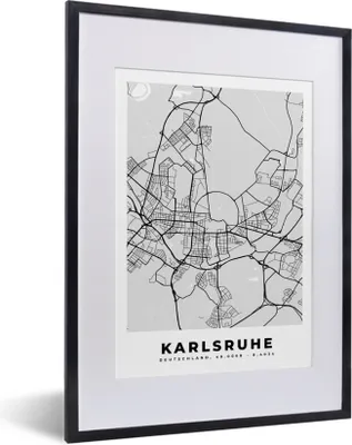Produktbild von MuchoWow® Gerahmtes Poster Stadtplan - Karte - Karlsruhe - Deutschland 30x40 cm - Poster mit Schwarzem Bilderrahmen Wandposter Rahmen Foto Bilder - Wandposter Schlafzimmer