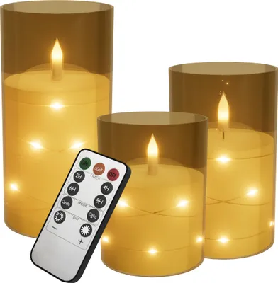 Obrázok produktu pre XINZI LED sviečky sada 3 ks 7,5x10/12,5/15cm - blikajúci plameň + svetelný drôt, 11-tlačidlový diaľkový ovládač a časovač, vrátane 6 batérií AA, zlatá