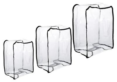 Obrázek produktu pro 3 kusy ochranných obalů na kufr z PVC, částečně průhledné a odolné proti opotřebení, s zipem. Obaly na zavazadla vhodné pro kufry o velikosti 20, 22 a 24 palců. Chrání před prachem a jsou vhodné pro cestování i jako příruční zavazadlo