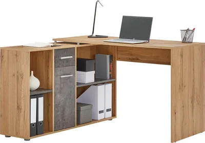 A modern L-shaped desk with integrated shelving and storage units, presented against a white background.