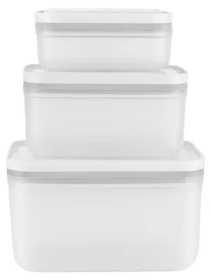 A stack of three white plastic food storage containers of varying sizes, with gray lids.