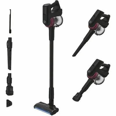 A collage of a Hoover vacuum cleaner and its components, shown from different angles and in various configurations.