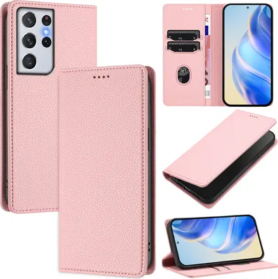 Image de Etui en cuir pour Samsung Galaxy S21 Ultra 5G, Litschi cuir, étui portefeuille avec fentes pour cartes et support Rose