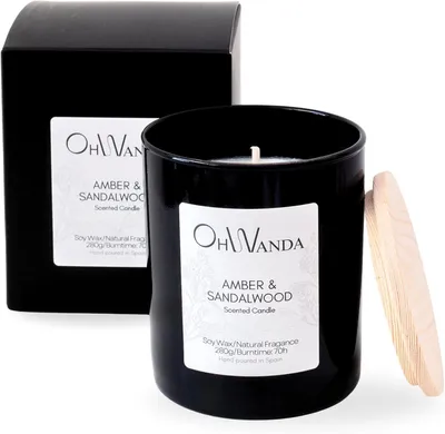 Productafbeelding van Geurkaars van barnsteen en sandelhout, groot, als cadeau, natuurlijke sojawas, tot 70 uur brandduur, aromatherapie om te ontspannen