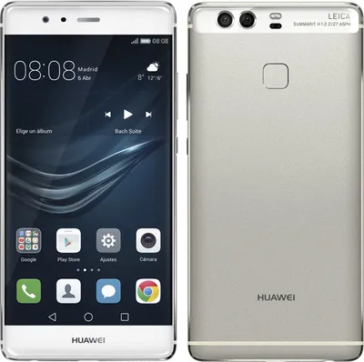 A front and back view of a silver Huawei P9 smartphone.