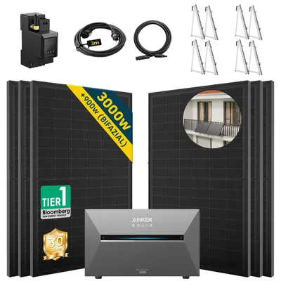 Produktbild von ALLDREI Balkonkraftwerke mit Speicher Anker Solix Solarbank 3 E2700 Pro,Komplettset mit 6x500W Bifazialer Solarpanel & Smarten Zähler