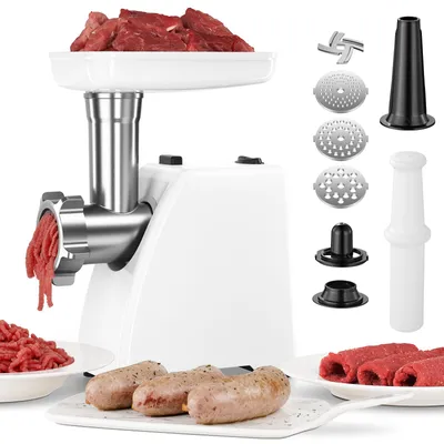 Produktbild von AMZCHEF  Fleischwolf, 3 in 1 Fleischwolf Elektrischer mit 3 Edelstahl-Schleifplatten, Kubbe & Wurstfüllrohren