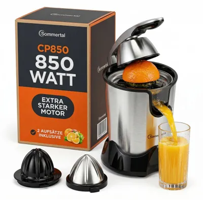 Obrázok produktu pre Elektrický odšťavovač citrusov Sommertal CP850 vrátane 2 lisovacích kužeľov, ručný odšťavovač, odšťavovač na pomaranče, odšťavovač na citróny z nehrdzavejúcej ocele, odšťavovač s výkonným 850W motorom