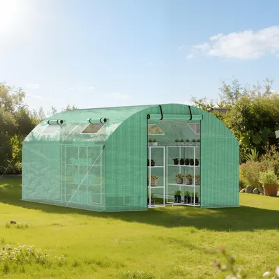 Produktbild von Vigevee Gewächshaus Foliengewächshaus mit Verzinktrohrfundament 3 × 4 m - 12 m² inkl. Erdanker & 4 Aufrollbare Fenster mit Moskitonetz & 140 g/m² UV-beständig Tomatengewächshaus Greenhouse