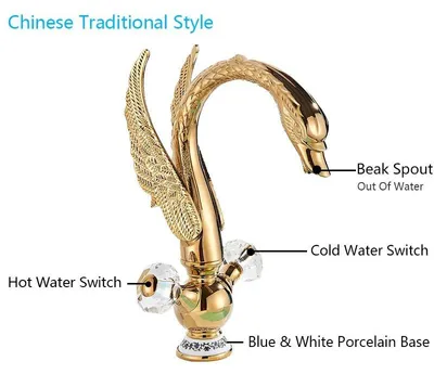 Produktbild von Schwanenform Waschtischarmatur - Badezimmer Wasserhahn - Wasserfallauslauf - Zweigriffmischer Warm/Kalt - Einloch Deckmontage - Messing - Gold