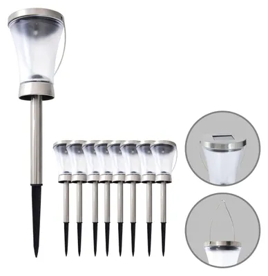 Produktbild von 8er-Set Solarleuchte "VERONICA" H: 39,5cm, Lampe für den Außenbereich im Modern-Style, aus Metall und Kunststoff in stahl-blank, 39,5 cm hoch, Ø 9 cm, LED Platine – mit Schiebeschalter – Dämmerungssensor