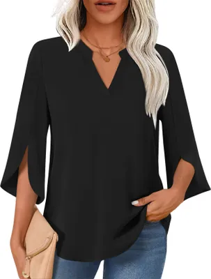 Image de ASKSA Chemise Femme Elégante Col V Manches 3/4 Tunique Chemises Haut Flowy Shirt Détendu Casual Travail Tops (Noir,XXL)