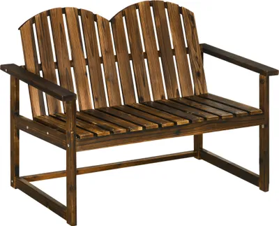 Produktbild von Outsunny Gartenbank, 2-Sitzer Sitzbank, Holzbank mit Rückenlehne, Armlehne, Parkbank, bis 240 kg belastbar, für Garten, Balkon, Verkohlt, 114 x 63 x 86 cm