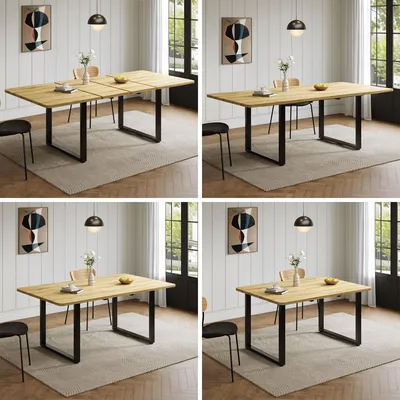 Productafbeelding van Uitschuifbare eettafel 140/180/220 x 80 cm, 3-voudig uitschuifbaar, tafelblad van MDF, metalen poten, verstevigde geleiders, belastbaar tot 100 kg, natuurlijke houtkleur