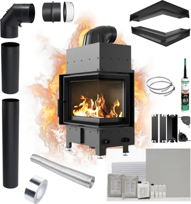Immagine prodotto di Inserto per caminetto KRATKI FLOKI S Right 8 kW Ø160 Set angolare nero per installazione