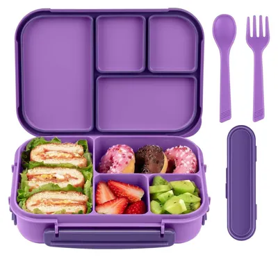 Image de Amathley Boîte à pain Enfants Bento Box 1200ml Lunchbox 5 compartiments Couverts Passe au micro-ondes Passe au lave-vaisselle BPA-free Réutilisable