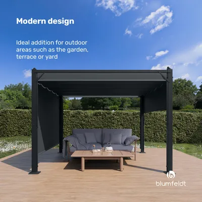 Obrázok produktu pre Blumfeldt Pantheon Cortina altánok 3x3 m - hliníkový rám, nastaviteľná strecha a bočné žalúzie, odolný voči poveternostným vplyvom a stabilný, tmavo sivá/čierna