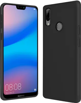 A black silicone phone case is shown next to a Huawei P20 Lite smartphone.