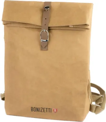 Produktbild von Bonizetti Rucksack KANSAS - Freizeitrucksack 26 x 13 x 35cm aus veganem und wasserabweisendem Kraftpapier Karamell Papierrucksack, umweltschonend, Daypack, Roll Top, Naturmaterialien, Tasche