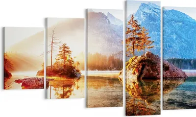 Produktbild von Bild auf Leinwand - Leinwandbild - 5 Teile - Morgendämmerung Berge See - 100x60cm - Wand Bild - Wanddeko - Wandbilder - Leinwanddruck - Bilder - Wanddekoration - Leinwand bilder - EG100x60-4617