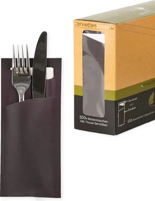 Produktbild von Bestecktasche Prime Fit in Dunkelbraun 85 x 190 mm, mit 2-lagiger Tissue-Serviette in Weiß -100 Stüc
