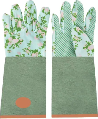 Produktbild von Esschert Design Jute Handschuhe mit Rosendruck, 18 x 1,2 x 37 cm, lang, mit Unterarmschutz, mit Noppen, Grundfarbe grün