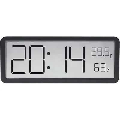 Produktbild von Digitale Wanduhr 20cm Schwarz mit Temperatur, Luftfeuchtigkeit & Datumsanzeige, großes Display, für Wand & Tisch, Batterie-/Netzbetrieb