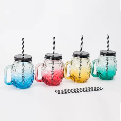 Produktbild von Relaxdays Trinkgläser mit Deckel & Strohhalm, 4er Set, 500ml, Ananas-Design, Schraubverschluss, Henkel, Glasbecher, bunt