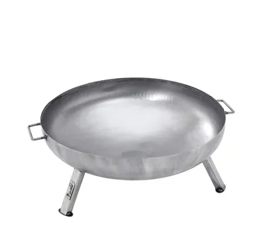 A silver metal fire pit with three legs and two handles, shown on a white background.