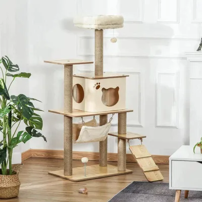 Zdjęcie produktu dla Kocí drapák z domkiem i hamakiem | Kolor: Żółty | Wymiary: 40x60x130 cm