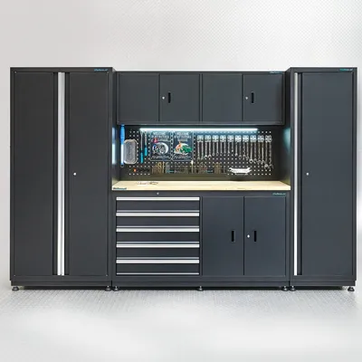 Produktbild von Werkbank 160 cm mit Hängeschrank, schmalem & breitem Seitenschrank