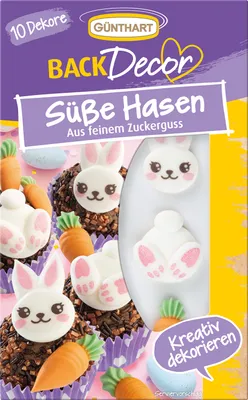Produktbild von 8 Hasen Dekore aus feinem Zuckerguß, Hase, Karotte und Hasenfüße