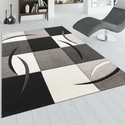 Produktbild von Designer Teppich mit Konturenschnitt Muster Kariert in Schwarz Weiss Grau Grösse 120x170 cm