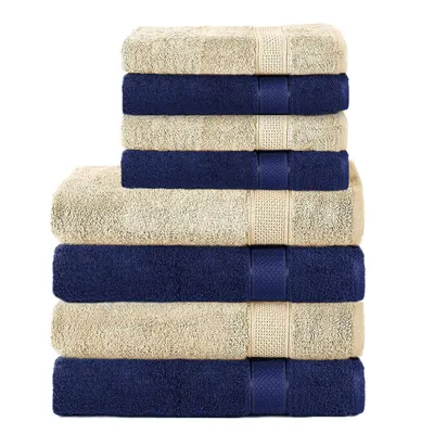 Produktbild von Komfortec 8er Handtuch Set aus 100% Baumwolle, 4 Badetücher 70x140 und 4 Handtücher 50x100 cm, Frottee, Weich, Groß, Navyblau/Beige