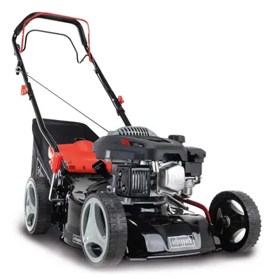 A black and red gas-powered lawnmower is shown against a white background.