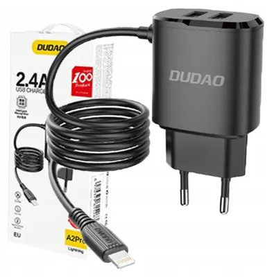 Produktbild von Dudao 2Xusb Ladegerät mit integriertem Lightning Kabel 12W Schwarz