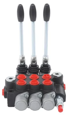 Image de Soupape hydraulique - Distributeur 3 voies - Action manuelle - Soupape de sécurité réglable - 40 l/min - Pour fendueuses de bois - Fonte - Argent/Noir/Rouge