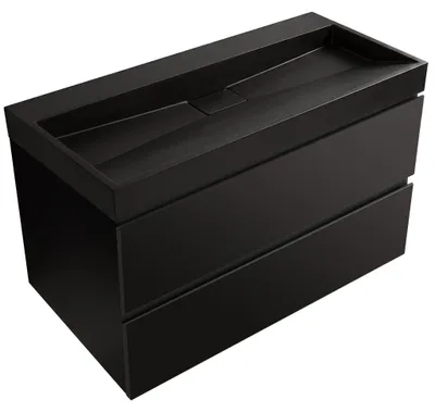 Productafbeelding van Badkamermeubel Carole - mat zwart + wastafel van composietsteen Vita - mat zwart - 100x58x46 cm