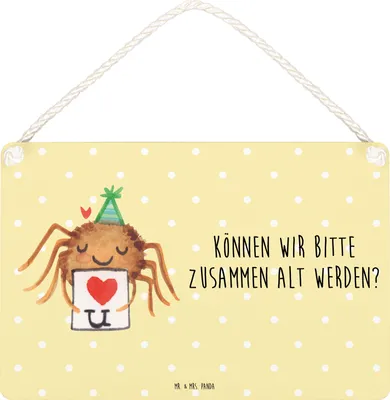 Produktbild von Mr. & Mrs. Panda Deko Schild Spinne Agathe Brief DIN A6 - Gelb Pastell - Geschenk, kleine aufmerksamkeit, Liebesgeschenk, Türschild, holzbild, Liebesbeweis, wandtafel