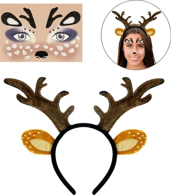 Produktbild von Oblique Unique Rentier Kostüm Accessoire Set - Haarreif + Gesicht Sticker für Halloween Fasching Karneval Motto Party