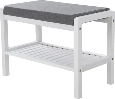 A white shoe bench with a gray cushion and two slatted shelves, shown against a white background.