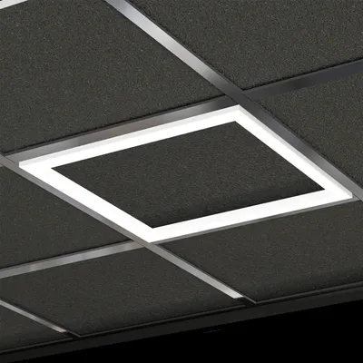 A close-up view of a modern ceiling with a square LED light panel.