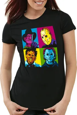 Produktbild von style3 Pop-Art Grusel Damen T-Shirt freddy jason michael leatherface warhol, Farbe:Schwarz, Größe:M